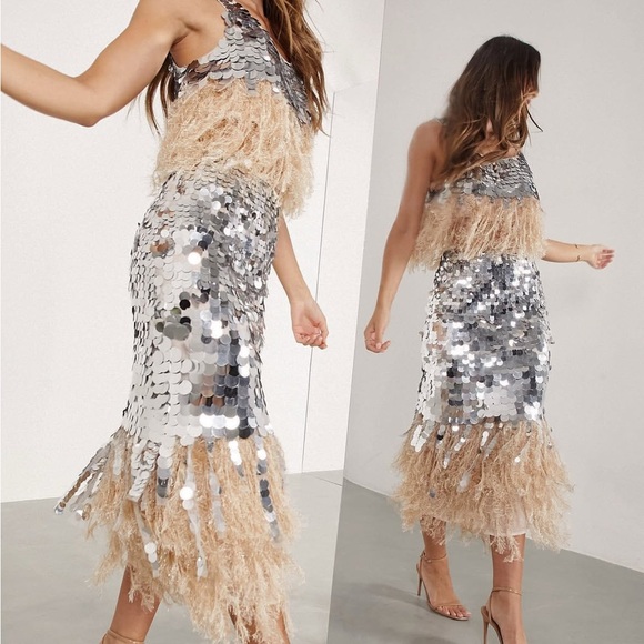 ASOS Edition Pailette Sequin and Feather Midi Skirt - Picture 1 of 2